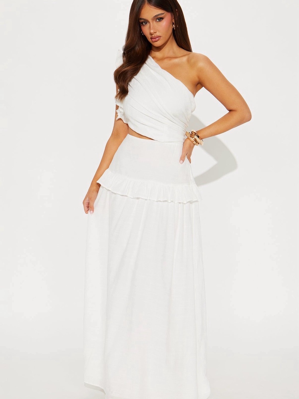 Fashion Nova White One-Shoulder Maxi Dress
